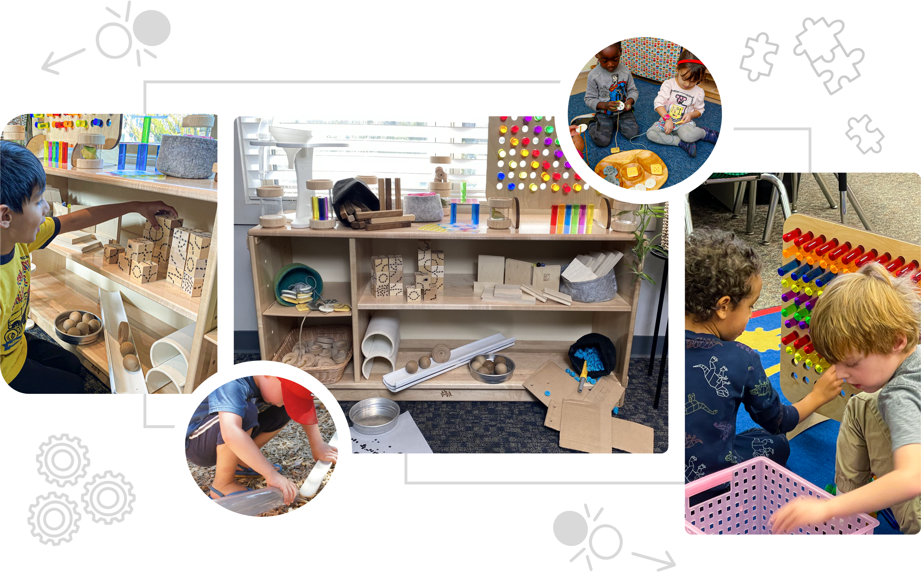 collage of many children engaging in kodo products in a classroom